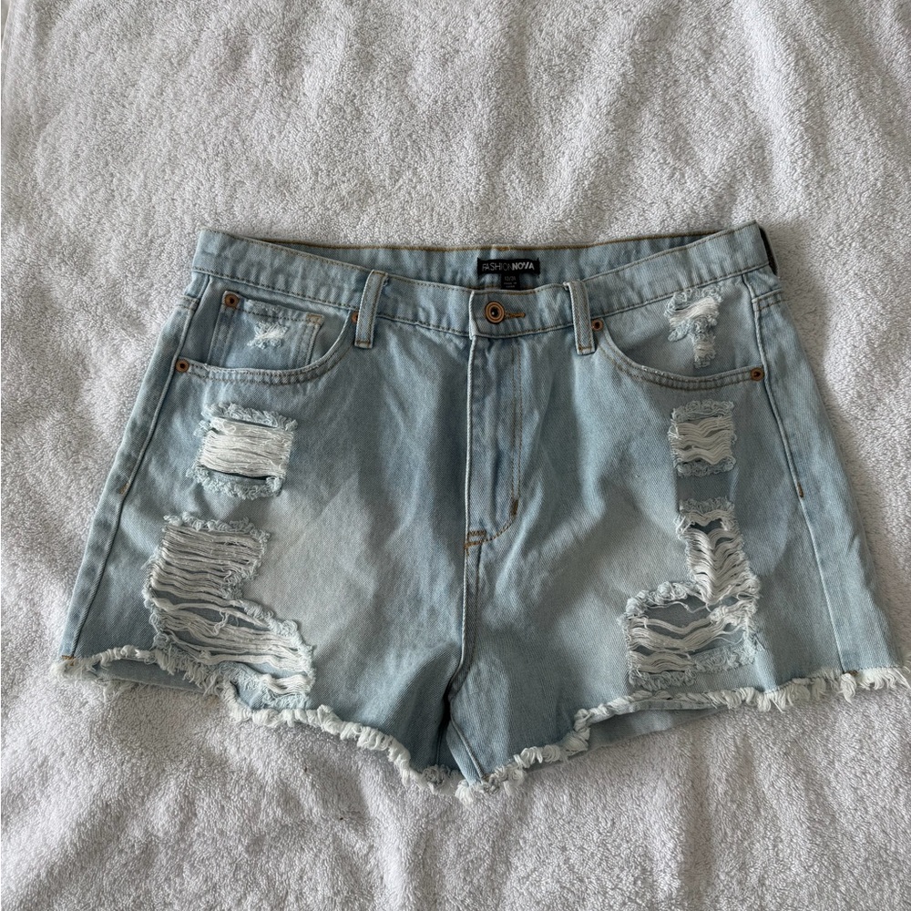 Fashion Nova Light Blue Distressed Denim Shorts